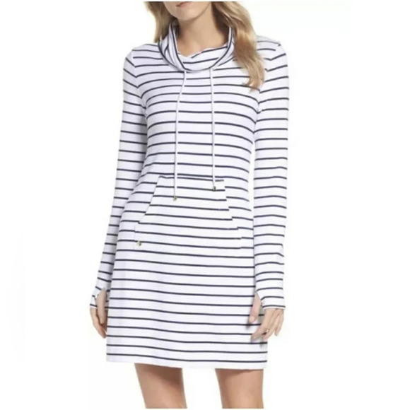 Lilly Pulitzer Hillary Popover Bright White Navy Blue Dress UPF 50+ Stretch Sz S - Picture 1 of 16